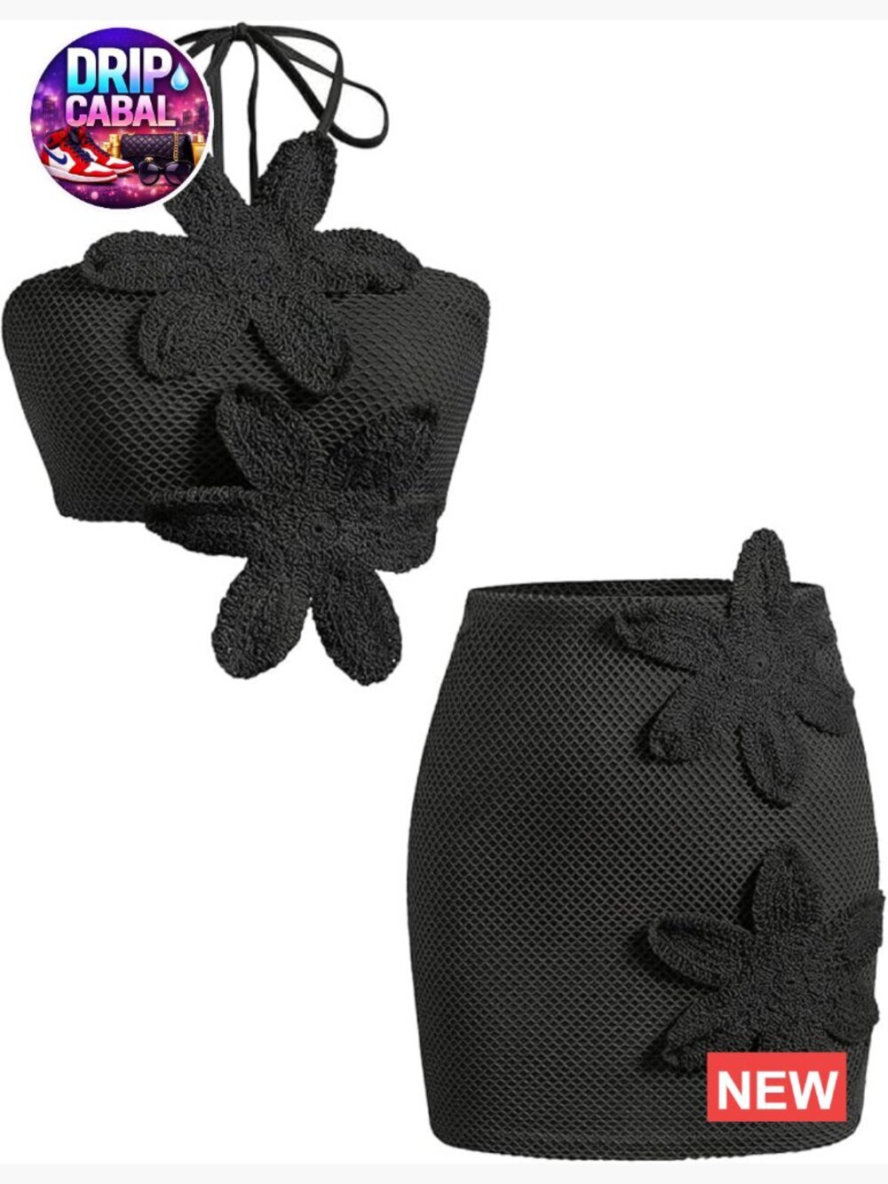 2 Piece Crochet Outfits 3D Floral Backless Halter Crop Top and Mini Knit Skirt